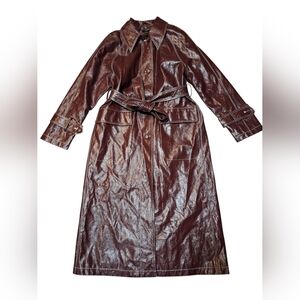 Red Soft Faux Leather Belted Trench Coat Medium